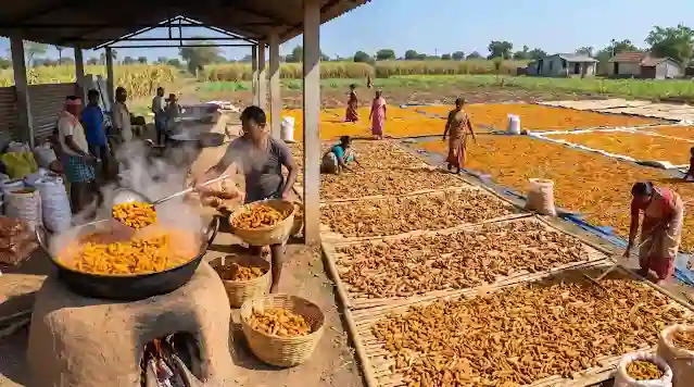 हळद शिजवणे व वाळवणे