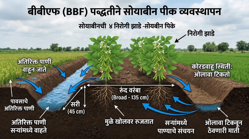 यंत्राने सोयाबीन पेरणी (Broad Bed Furrow).