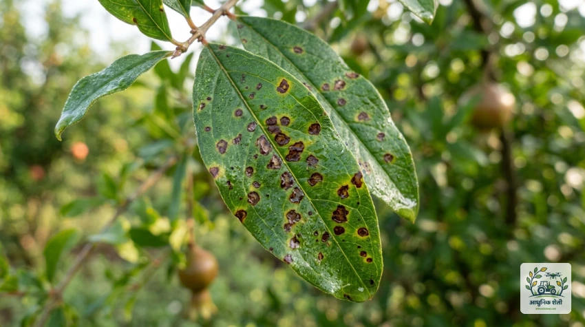 डाळिंबाच्या पानांवरील तेल्या रोगाची (Bacterial Blight) सुरुवातीची लक्षणे