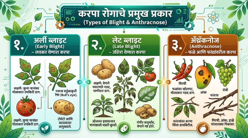 करपा रोगाचे प्रमुख प्रकार (Types of Blight & Anthracnose)