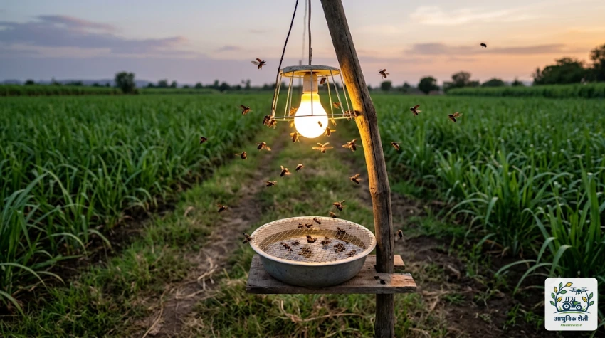 हुमणीचे भुंगेरे पकडण्यासाठी शेतात लावलेला प्रकाश सापळा (Light Trap)