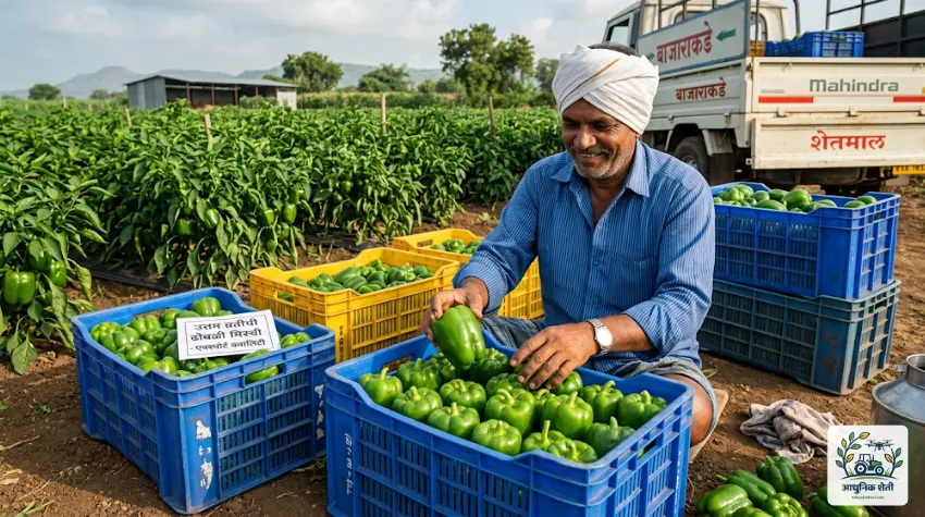 शिमला मिरची पीकाची काढणी, प्रतवारी आणि पॅकेजिंग (Harvesting & Grading)