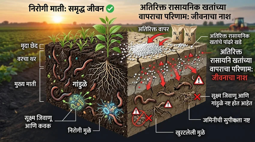 खतांच्या अतिवापरामुळे जमिनीतील मित्र कीटक आणि गांडुळांचा मृत्यू