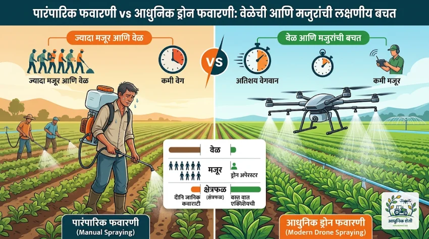 ड्रोन फवारणीमुळे वेळेची आणि मजुरांची होणारी बचत