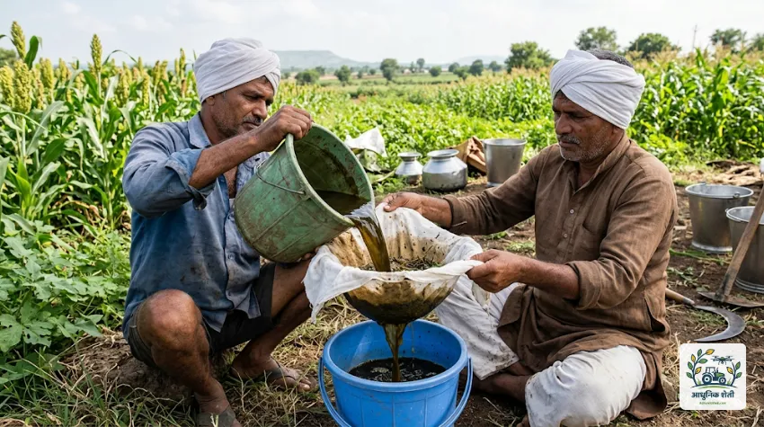 तयार झालेले निमास्त्र सुती कापडाने गाळण्याची प्रक्रिया