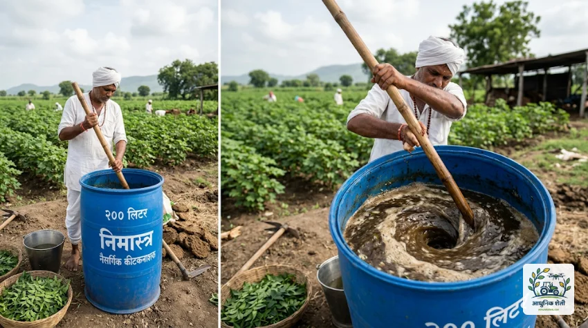 बॅरलमध्ये निमास्त्राचे मिश्रण काठीने ढवळताना शेतकरी