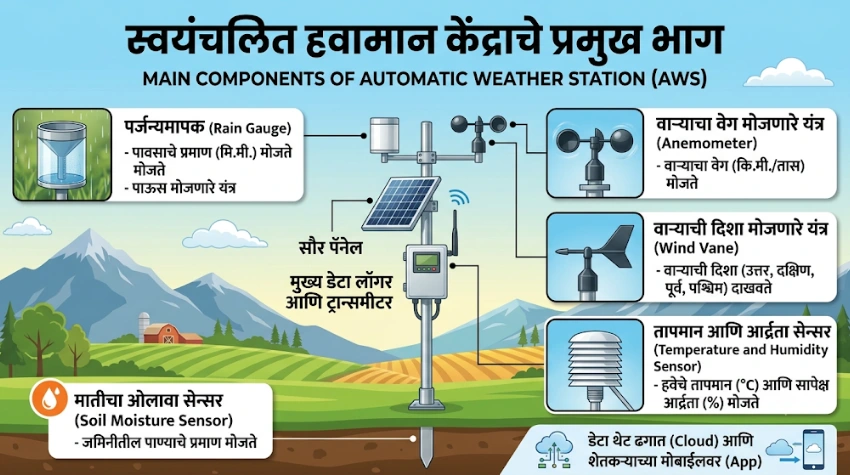 स्वयंचलित हवामान केंद्राचे विविध सेन्सर्स आणि भाग
